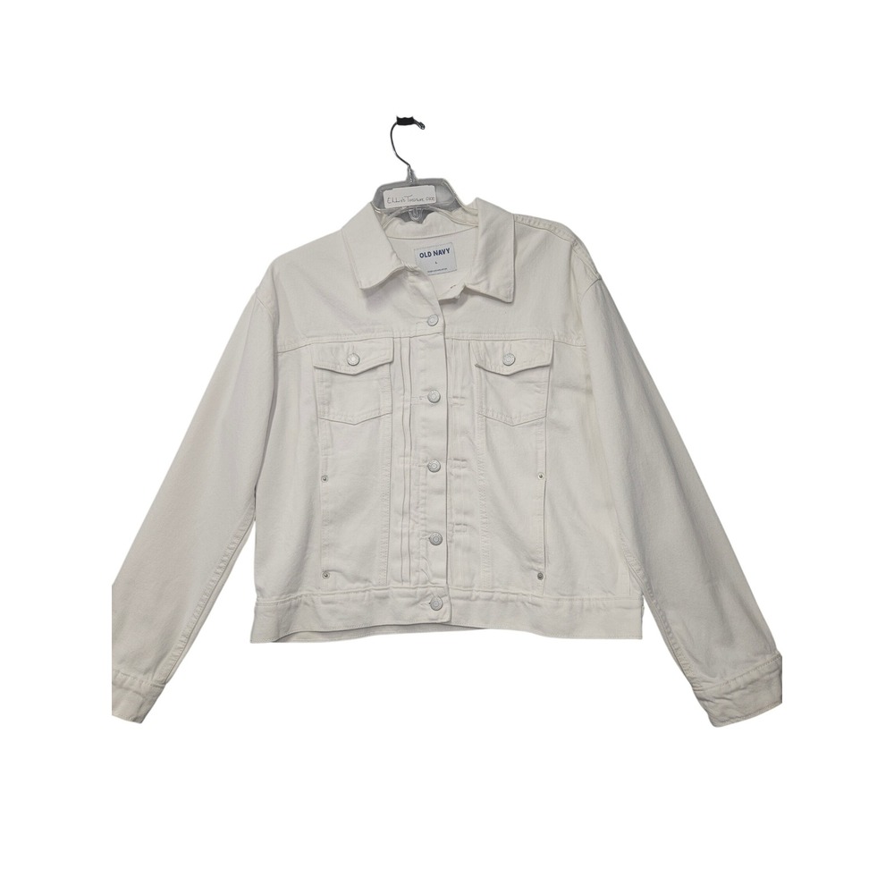 Old Navy Womens White Denim Trucker Jacket Size L Cotton Button Front Pockets